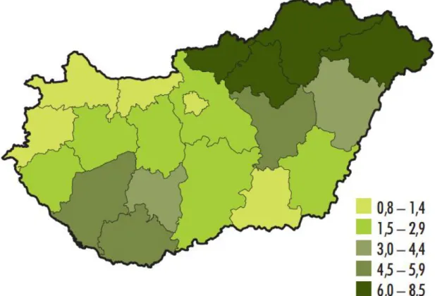 5. ábra A cigány (roma) népesség területi elhelyezkedése, a népesség százalékában,  2011 