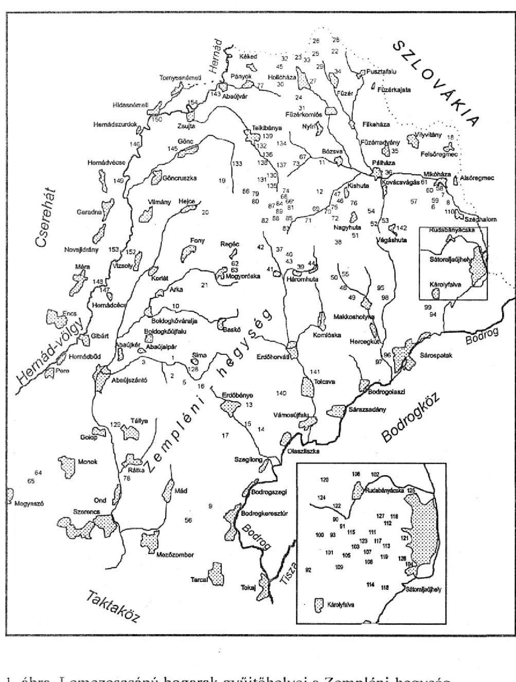 1. ábra. Lemezescsápú bogarak gyűjtőhelyei a Zempléni-hegység és a Hernád-völgy területén