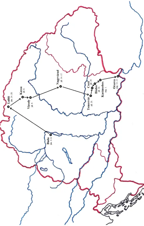 1. ábra Zsigmond király útvonala a Magyar Királyság területén a keresztes hadjáratot megelőzően  (forrás: Saját szerkesztés)