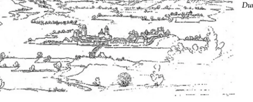 1. kép: A linzi városfal a  Duna áradása idején (1500. 