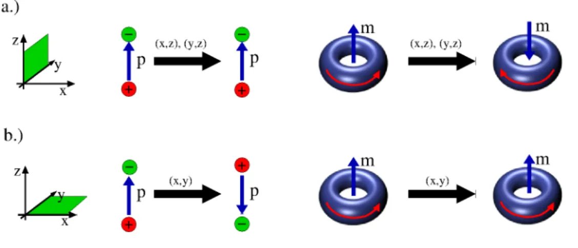2.3. ábra. A p elektromos polarizáció vektor és az m mágneses momentum transzformá- transzformá-ciója a.) a vektort tartalmazó síkra, b.) a vektorra merőleges síkra való tükrözés hatására.