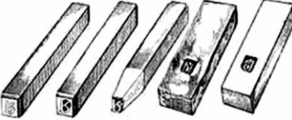 5. ábra: Balra a patricák, melyek végén a betűformákat kivésték, jobbra a matricák,  melyek az öntőforma alját képezték.