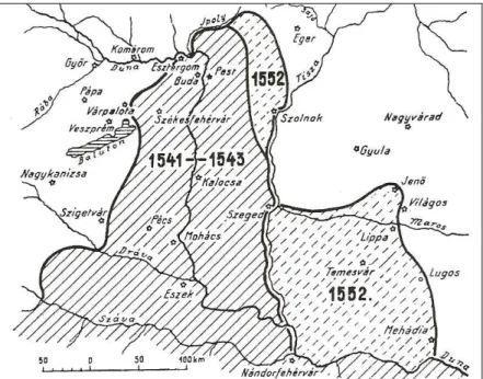 7. kép. Az 1552 végéig török hódoltság alá került területek  (GILICZE János – PÁL Lászlóné Szabó Zsuzsanna, 2002