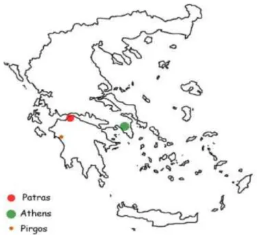 Figure 2 Map of Greece with the cities of Patras, Athens and Pirgos highlighted 