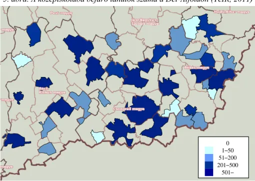 5. ábra. A középiskolába bejáró tanulók száma a Dél-Alföldön (TeIR, 2011) 