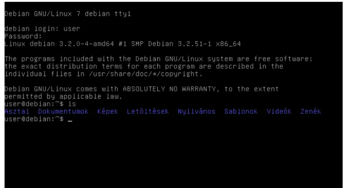 1. ábra. Parancssori felület Debian 7 alat.