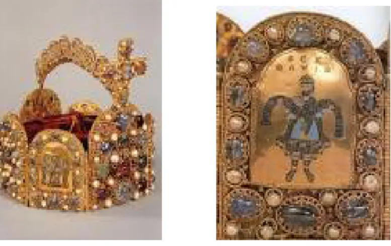 5-6. kép: A német-római „Reichskrone”, amelynek nyolcszögletűsége szintén a Mennyei Jeruzsálemre utal a felkent uralkodóval, Dávid királlyal együtt