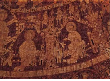 10-11. kép: A székesfehérvári casula, a későbbi koronázási palást az épülő mennyei Jeruzsálem ábrázolásával mint a Magyar Királyság eszményével (a fenti képen ennek egy részlete kinagyítva látható)