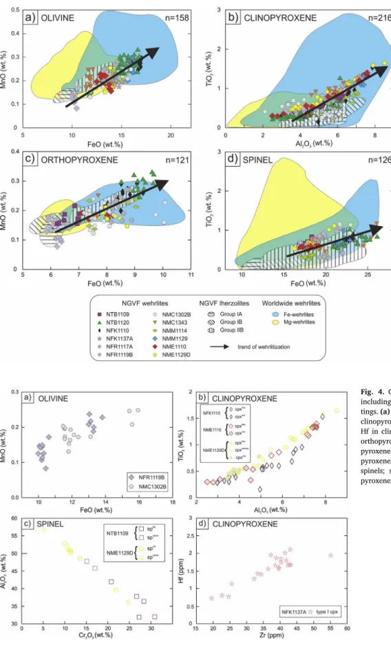 Fig. 3. Major element composition of the NGVF wehrlite xenoliths. The chemical variation diagrams shown are: