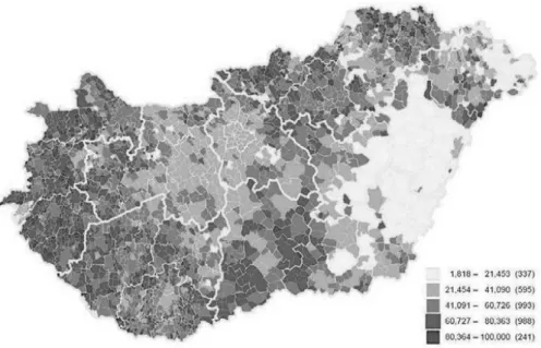 1. ábra: A katolikus népesség aránya településenként, 2011   (Forrás: 2011. évi Népszámlálás)