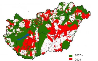 Figure 1. Nitrate-sensitive areas in Hungary, signed with green and red colors (Ministry of Rural  Development, State Secretariat for Agriculture, 2013 [16]) 
