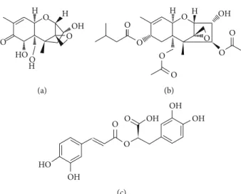 Figure 1: Chemical structures of the tested food-borne compounds: (a) DON, (b) T-2 toxin, and (c) RA.