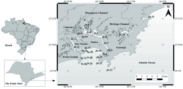 Figure 1. Map of the Santos Estuarine System - SES  (SP, Brazil) showing the sampling  stations