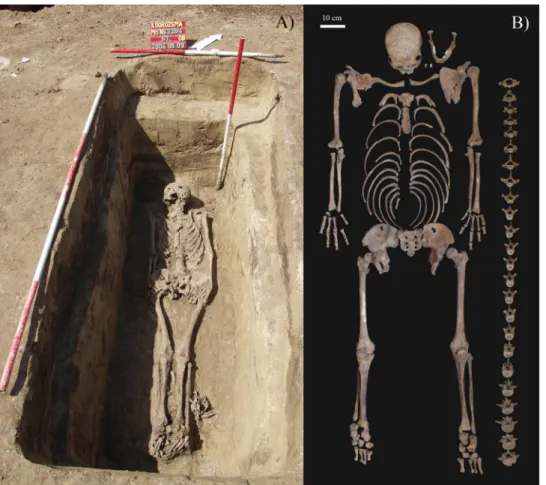 Fig 2. A) Photo of the burial of KK61 in situ; and B) Completeness of the skeleton of KK61.