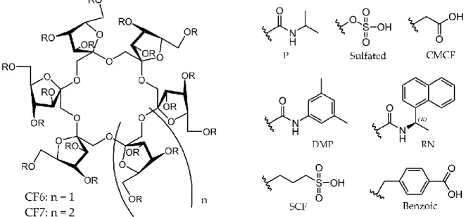 Figure 2. The general structure of cyclofructans (left) and their derivatives (right).