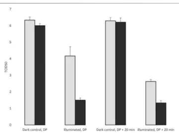 FIGURE 7 | Evaluation of the virucidal effect of the photoreactive surface at room temperature