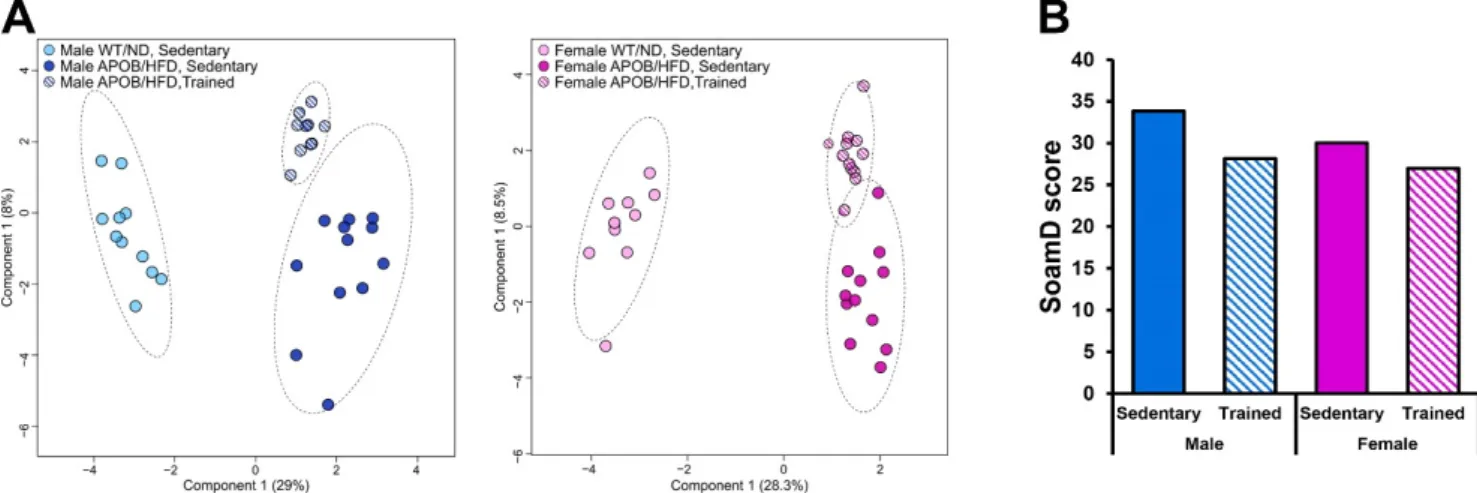 Figure 7. Lipidomic changes in response to exercise. (A) sPLS-DA score plots of lipidomic datasets; left panel—males,  right panel—females