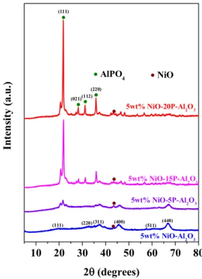 Fig. 1. XRD pattern of 5 wt% NiO-xP-Al 2 O 3 (x = 0, 5, 15, 20) catalysts.