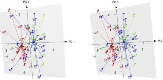 Fig. 7. Stereo view of 3D scores plot of PCA of the docking energy measures