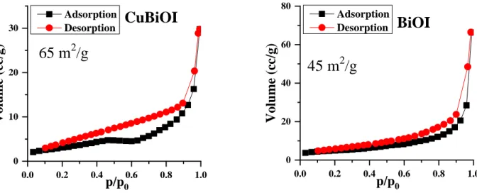 Fig. S3. BET isotherms for the Cu I BiOI and the BiOI oxohalides. 