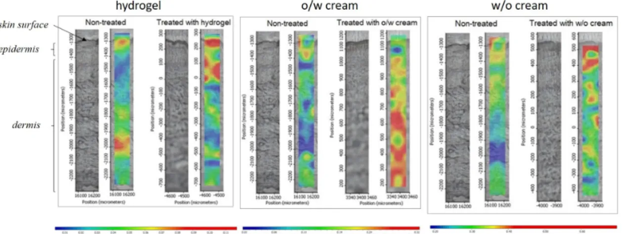 Figure 3. Raman correlation maps for the distribution of diclofenac sodium in human skin specimens  after treatment with hydrogel, o/w cream and w/o cream