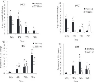 Figure 3. Relative expression profiles of marker genes in the resistant genotype Banteng and in the susceptible  genotype WI2291during the time course following Bg and Cs infections