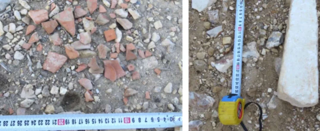 Figure 5. Nabataean pottery fragments found in one spot (left) and photo of the nefesh (right)  About 1 km east of this village is Khirbet Ṣubḥīyeh which partly survived and  is  surrounded  by  modern  buildings
