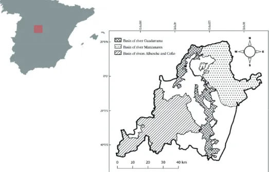 Figure 1. Location of  the study area within the  Iberian Peninsula. The  three protected areas by  Natura 2000 within the  study area are shown  here