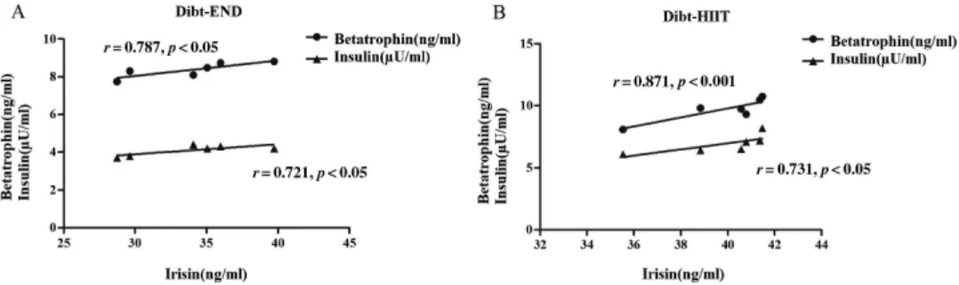 Fig. 4. Correlations between irisin concentration and betatrophin/insulin in Dibt-END and Dibt-HIIT groups.