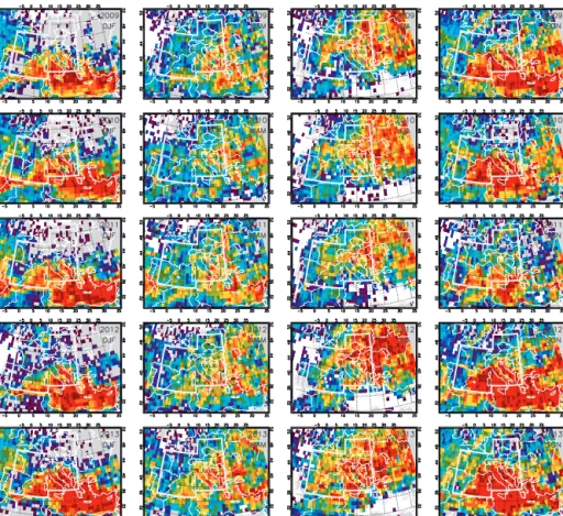 Figure 6. Climatology of nighttime lightning strokes detected by WWLLN (strokes km 2 yr 1 ) for individual years 2009 to 2013 (top to bottom) and season winter (DJF: December, January, February), spring (MAM), summer (JJA) and autumn (SON) (left to right)