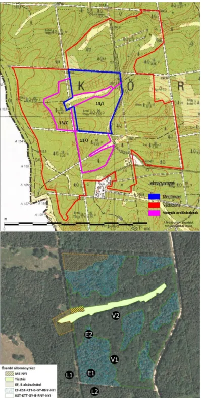 1. ábra: A Szalafő erdőrezervátum (fent) és a csapdapárok kihelyezése (lent) (Király et al 2014, Ferka 2015)