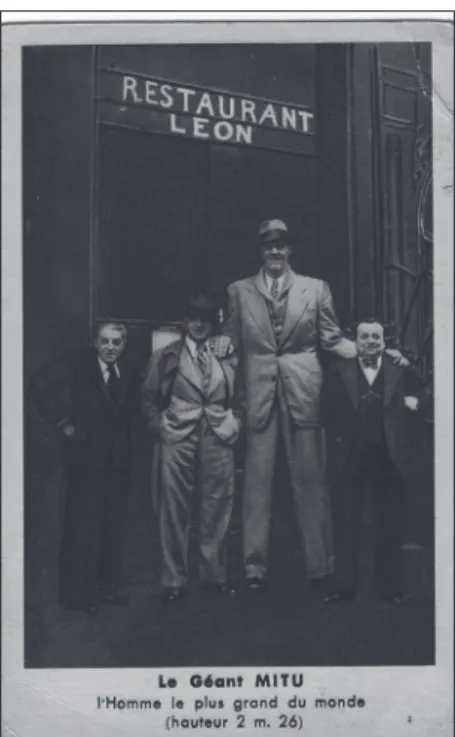 Figure 3. Postcard with Gogea Mitu  standing  in  front  of  Restaurant  Leon. 