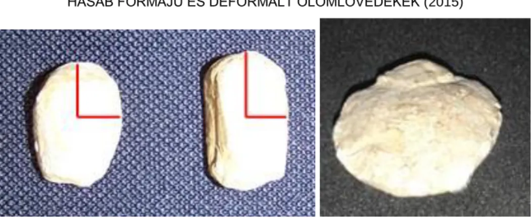 5. kép: A vizsgálati minták. Bal oldalt a két hasáblövedék (pirossal a mintavétel helye jelölve),  jobb oldalon a deformált ólomgolyó 