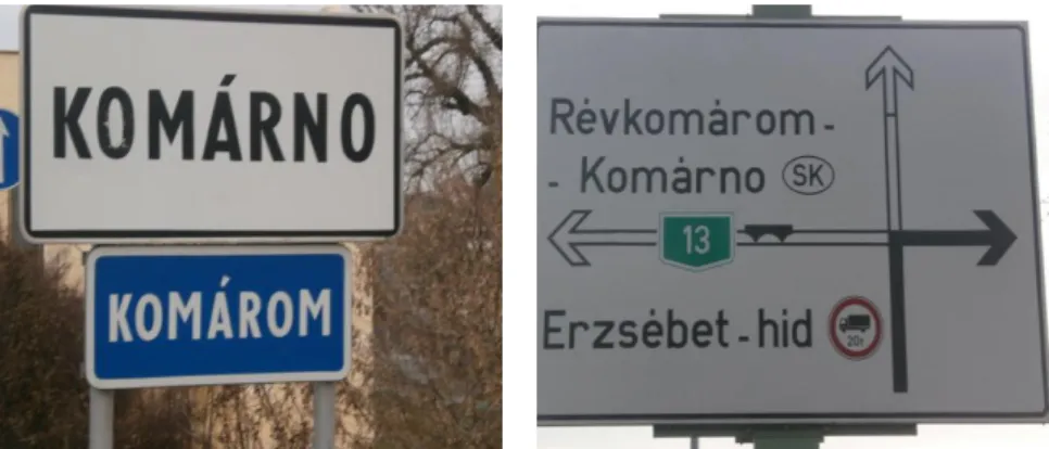 8–9. kép: Kétnyelvű helységnévtábla (Szlovákia) és útjelzőtábla (Magyarország) 