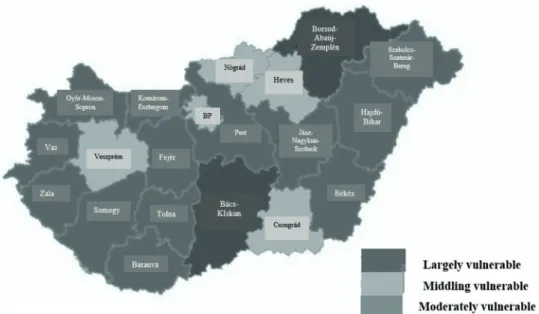 Figure 2. Vulnerability of the counties in Hungary. (Based on [11] 3  edited by the authors.) The area of Bács-Kiskun county is composed of large forests and easily sunken juniper  stocks
