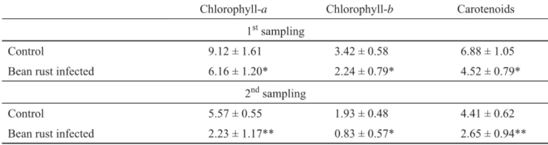 Table 2. Changes in the amount of photosynthetic pigments with bean rust infection (mg g –1 )