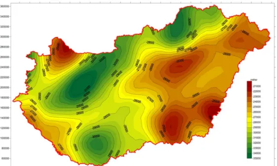 Figure 5. Moho depth map beneath Hungary calculated using Airy’s isostatic model 