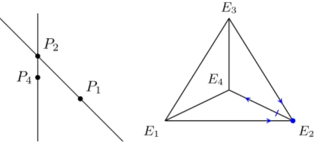 Figure 10. Illustration of the proof that a 4 = a 2 and c 3 &lt; 0 imply b 4 &lt; b 2 (left panel) and no orbit from the interior of ∆ 4 can converge to E 2 (right panel).