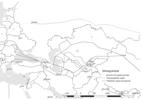 3. ábra: Az eurázsiai térség fő közlekedési folyosói Main transport corridors in the Eurasian area