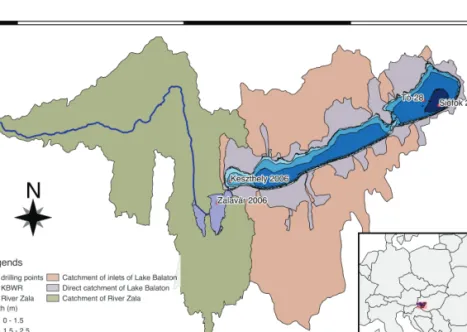 Figure 1.  Lake Balaton and its catchment area. Note the four basins (Keszthely, Szigliget; Szemes, Siófok) and the difference between  theirs catchment area size