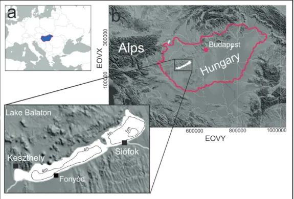 Figure 1: The location of Lake Balaton in the Pannonian Basin, with the case study area at Fonyód on the southern coast  of the lake