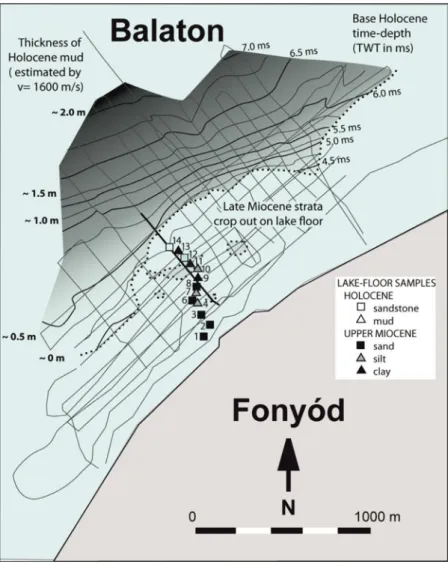 Figure 3: The thickness of Holocene mud is mapped from data of the 2005 ultra-high-resolution seismic acquisition  offshore of Fonyód (Novák et al., 2010)