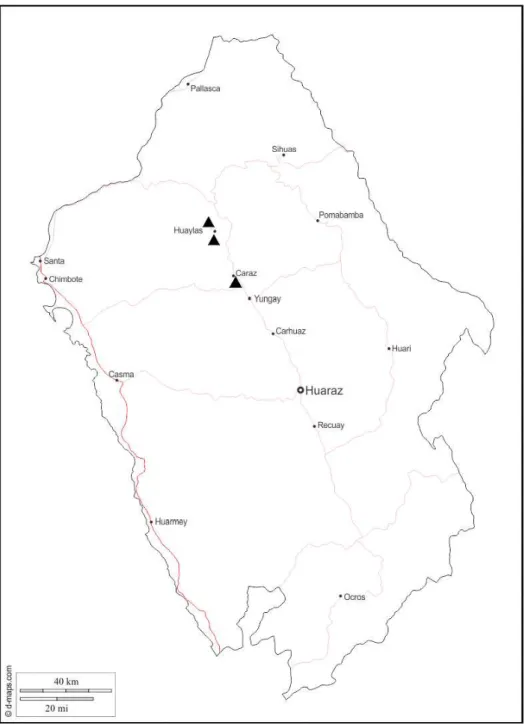 Fig.  13.  Known  occurrences  of  Strymon  dubileah   sp.  n.  (black  triangles)  in  department  of  Ancash, Peru