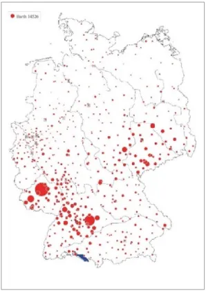 2. ábra: a Barth családnév elterjedtségének térképes ábrázolása a Német digitális családnévszótárban 