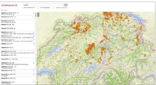 3. ábra: a Graben ’árok’ földrajzi köznév elterjedtségének térképes ábrázolása   a svájci helynévadatbázisban 
