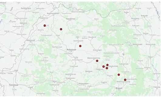 2. ábra. Az ö-zés előfordulásai az erdélyi történeti helynevekben 