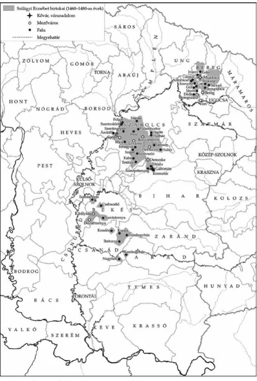 2. térkép. Szilágyi Erzsébet birtokai (1460–1480-as évek)