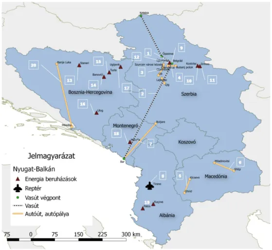 4. ábra: Kínai érdekeltségű projektek a Nyugat-Balkánon (szerk.: Csapó D.) 