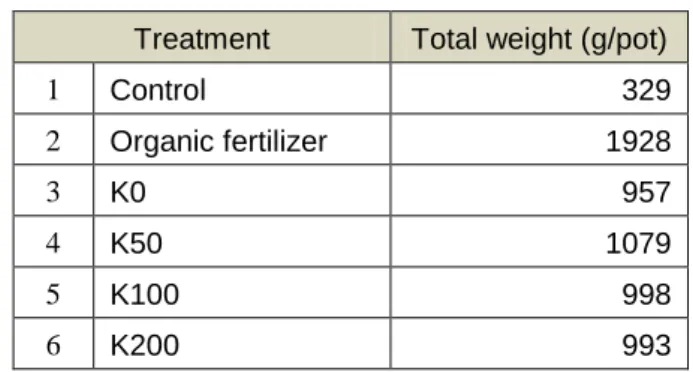 Table 2. Total yield of celery after different treatments  Treatment  Total weight (g/pot) 