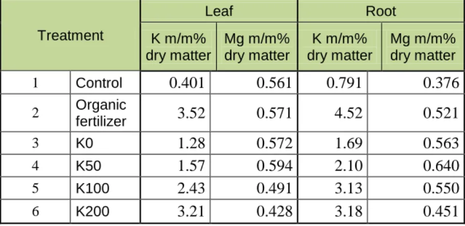 Table 3. Potassium and magnesium content of celery leaf and root after different treatments  Treatment  Leaf  Root  K m/m%  dry matter  Mg m/m% dry matter  K m/m%  dry matter  Mg m/m% dry matter  1  Control  0.401  0.561  0.791  0.376  2  Organic  fertiliz